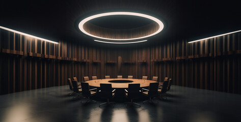 a circular municipality meeting room with black waffle, interior of a restaurant. Generative Ai content - obrazy, fototapety, plakaty