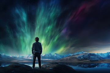 Back view of a man observing a beautiful scenery with northern lights in a night sky