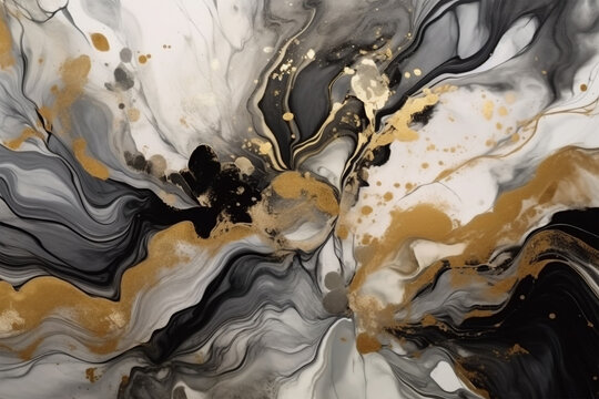 Aold alcohol ink art background with black, gold and white color