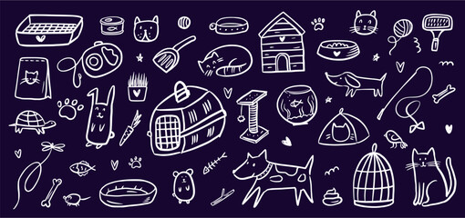 Vector collection of objects for pets hand-drawn in the style of a doodle.