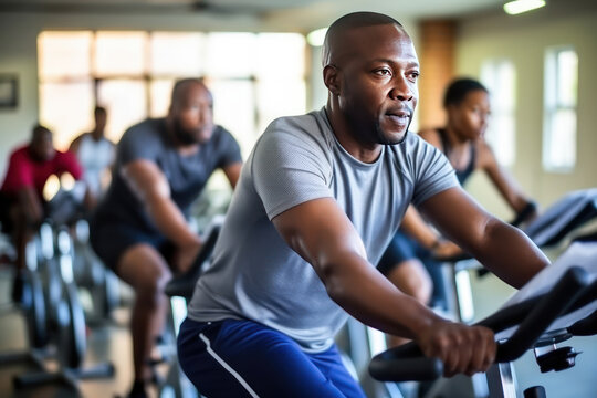 Group of African American men during cycling workout. Group fitness classes on exercise bikes. Workouts for any age. Be healthy in any age. Photo against a bright, gym studio background.