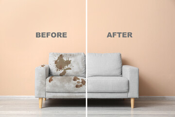 Grey sofa before and after dry-cleaning in room - obrazy, fototapety, plakaty