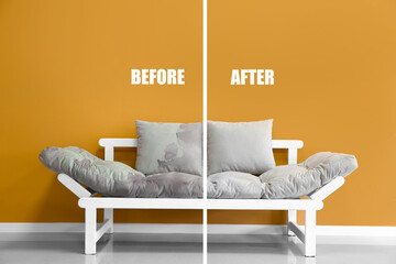 Grey sofa before and after dry-cleaning in room