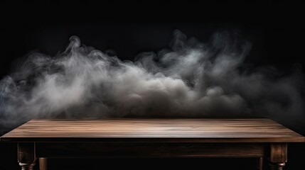 black marble table with fog and smoke on a black background, Advertisement, Print media, Illustration, Banner, for website, copy space, for word, template, presentation.