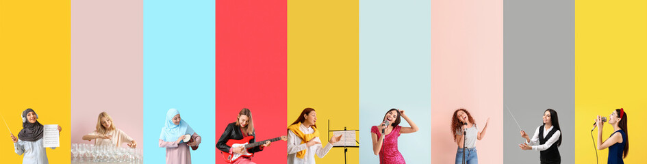 Set of women playing musical instruments and singing on color background