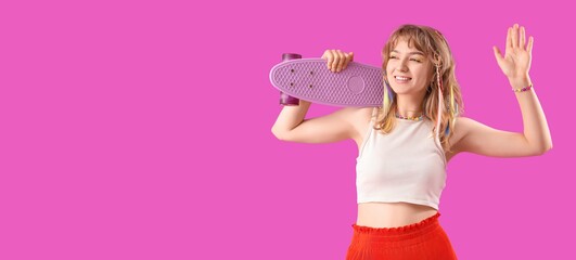 Happy teenage girl with skateboard waving hand on magenta background with space for text
