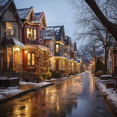 Fototapeta premium A winter street filled with houses decorated with Christmas lights at night time