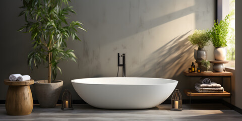 Minimalist interior design of modern bathroom with white bath tub and greenery 