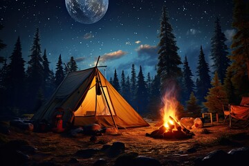 tent in the forest and a fire under the stars - obrazy, fototapety, plakaty