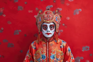 Fotobehang Carnaval Asia man at festival wearing traditional Chinese masked costume, in Chinese new year festival , copy space ,Generative AI