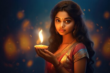 Beautiful indian girl, holding diwali candle, Hindu festival of light. Generative AI - obrazy, fototapety, plakaty