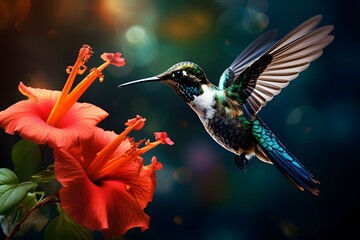 Fototapeta premium Hummingbird flying next to flower. Natural background.