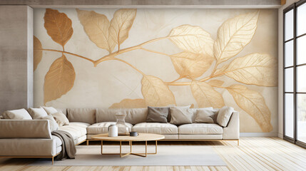 Golden leaves on a beige textured wall