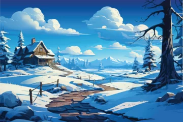 Rugzak winter landscape with snow and cottage © Arash