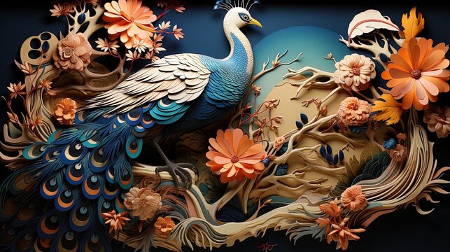 Luxury Flowers with Peacock Illustration Background. 3D Interior Mural Painting and wall art Decor © Papilouz Studio