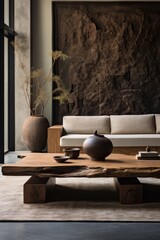 Wabi-sabi style furniture modern interior with including sofa and coffee table. Generative AI