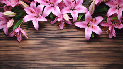 Lily flowers on wooden planks background