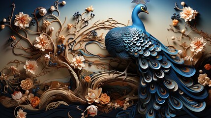 bright color floral with exotic oriental trees pattern flowers and peacocks illustration background. 3d abstraction wallpaper for interior mural wall art decor.
 - obrazy, fototapety, plakaty