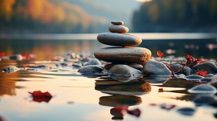 Tranquil Water Reflection with Balanced Zen Rock. Tranquil water reflection with balanced pebbles and serene atmosphere.