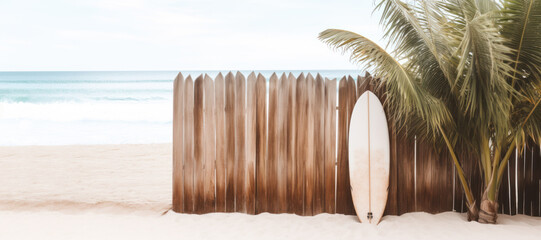 Surfboard near a wooden fence on the beach.