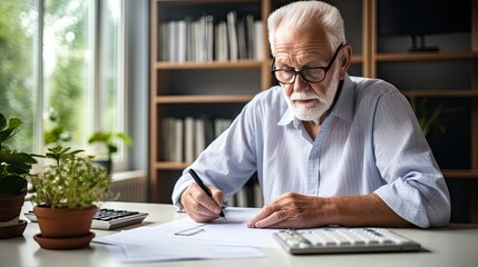 Obraz premium Elderly man sitting thinking, using laptop and writing in notebook at home table. Studying the concept of formula