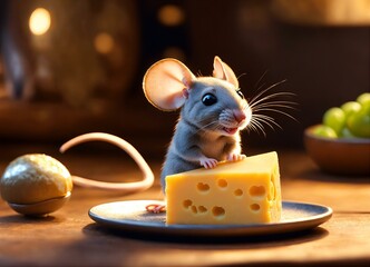 Cheese and grey mouse isolated on white,Photo of a mouse eating cheese