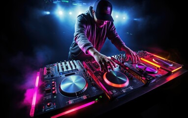 Fototapeta na wymiar DJ mixer on the table background the night club. Generative AI