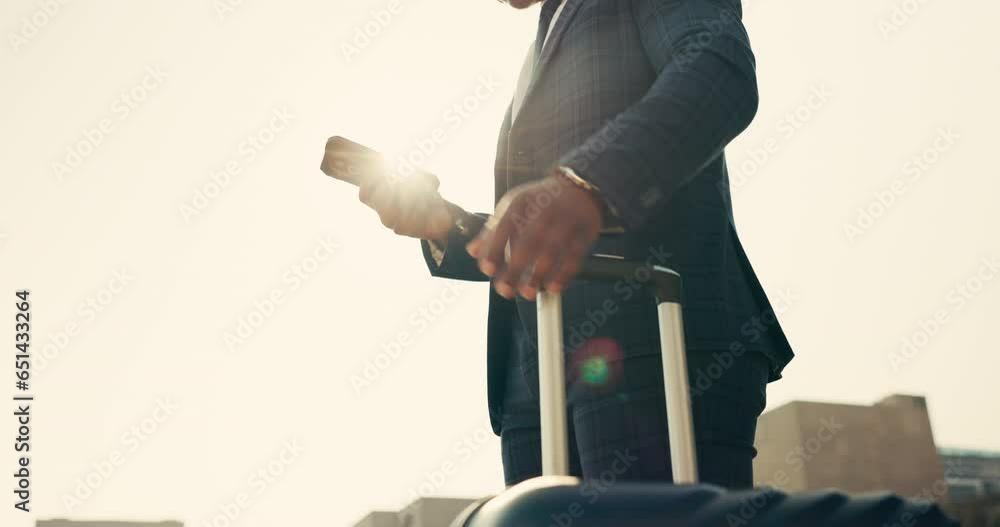 Poster Man, suitcase and phone with watch, city and check time for networking, thinking and email notification. African entrepreneur, luggage and smartphone for navigation, flight booking or travel schedule