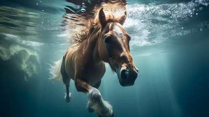 caballo nadando bajo el agua - obrazy, fototapety, plakaty