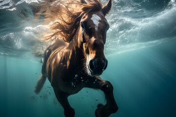 caballo nadando bajo el agua - obrazy, fototapety, plakaty