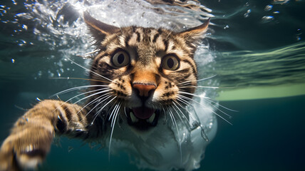 Gato doméstico bajo el agua - obrazy, fototapety, plakaty