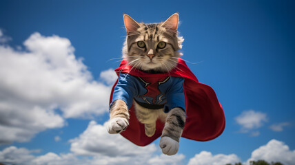 gato vestido de super héroe volando a lo super mán  - obrazy, fototapety, plakaty