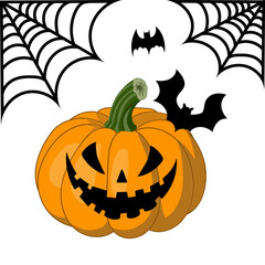 Pumpkin smile with bats and spider web on white background,symbol of Halloween holiday, vector illustration.