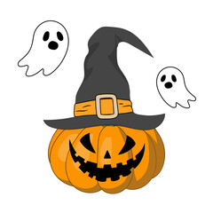 Pumpkin smile wearing  hat and ghost on white background,symbol of Halloween holiday, vector illustration.