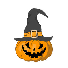 Pumpkin smile wearing hat on white background,symbol of Halloween holiday, vector illustration.