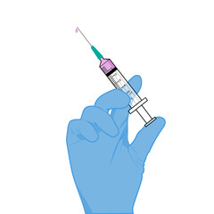 Doctor's hand in blue gloves holding vaccine or medicine syringe prepare to inject to the patient coronavirusvector illustration