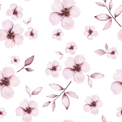 Botanical seamless pattern with delicate flowers in pastel shades. Watercolor background for decoration and design. Hand-drawn. Template for fabric, paper decoration.