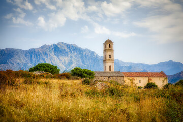 The Old Church at the Village of Sant’Antonio in the Balagne Region on Corsica, in the Afternoon...