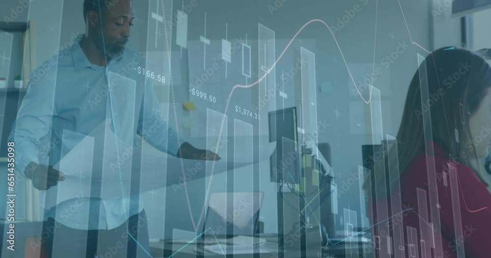 Poster animation of multiple graphs with changing numbers, african american man walking with blueprint