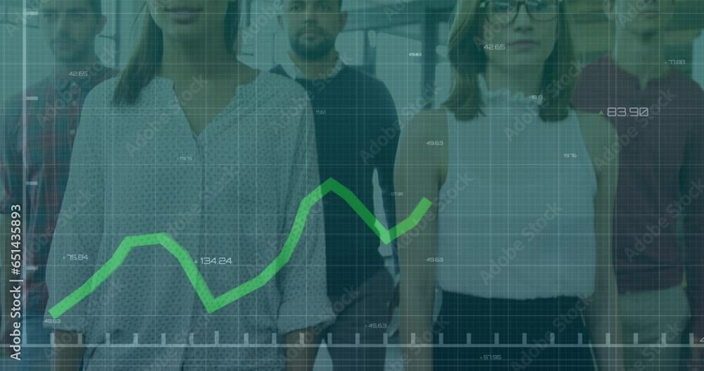 Poster animation of graph with changing numbers over diverse coworkers walking in office