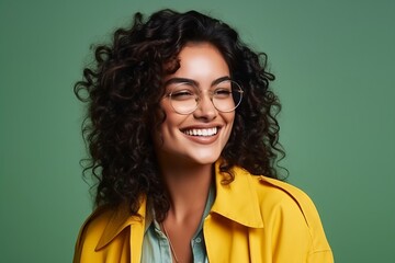 Portrait of a beautiful young african american woman wearing yellow coat and glasses - obrazy, fototapety, plakaty