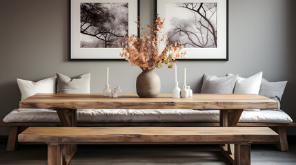  Rustic old wood log bench near white wall with art poster frame. Boho interior design of modern living room in farmhouse