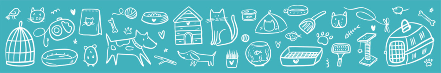 Vector horizontal collection of objects for pets, hand-drawn in the style of doodles. - obrazy, fototapety, plakaty