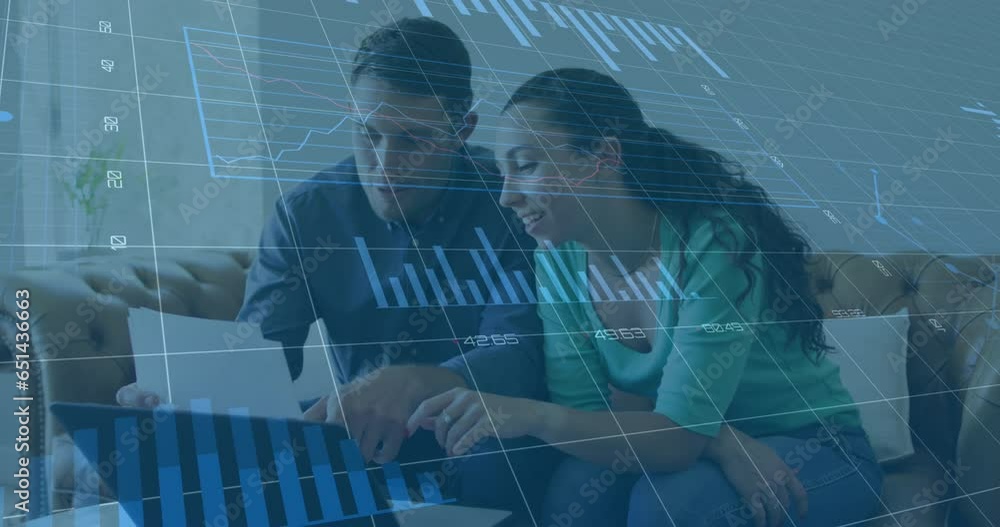 Poster animation of multiple graphs and changing numbers, diverse couple discussing expenses in home