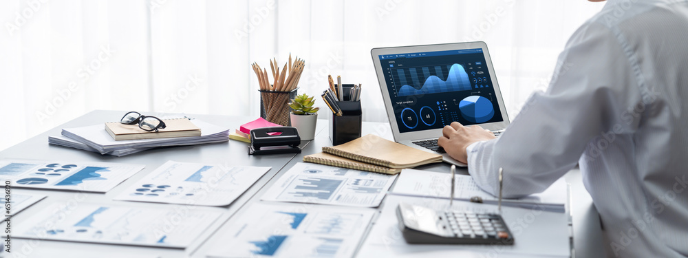 Poster business intelligence and data analysis concept. analyst working on financial data analysis dashboar