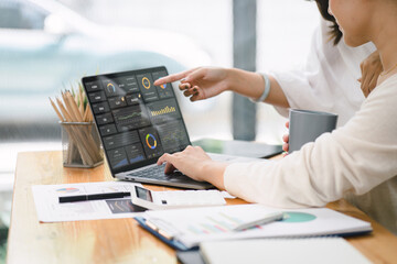 Advisor financial business analytics woman team analyzing data charts, graphs, and a dashboard on laptop screen. Data analysis concept