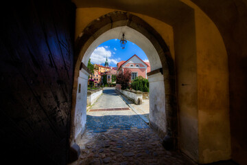 Leaving the Famous Castle of Jindrichuv Hradec in the Czech Republic, Entering the Charming Old City - obrazy, fototapety, plakaty