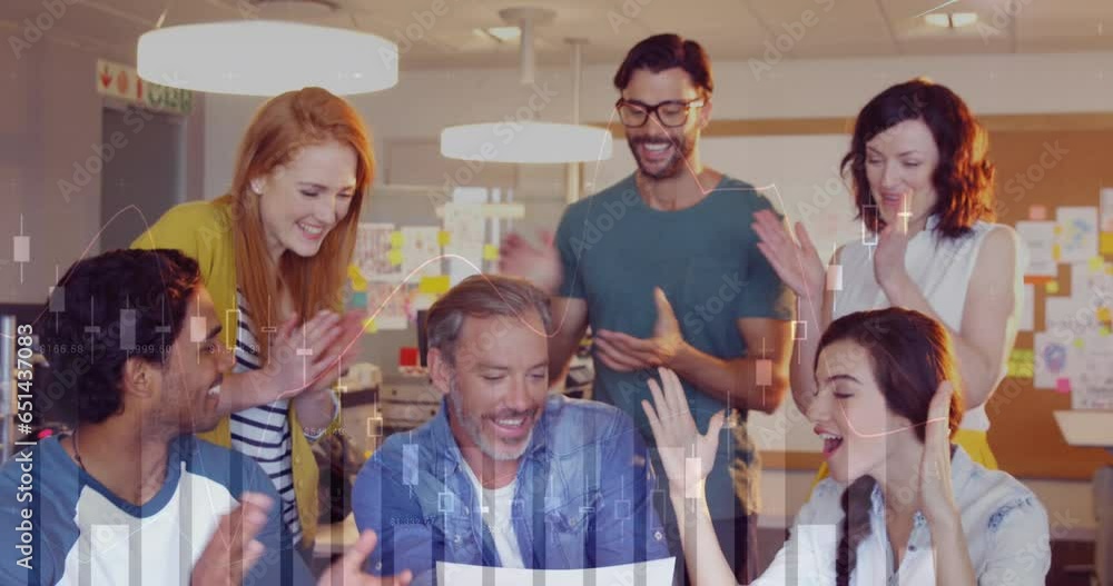 Poster animation of multiple graphs, diverse coworkers clapping after hearing idea of coworker in office
