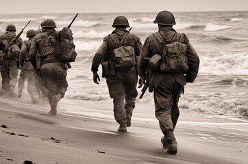 American soldiers walk along the beach along the coast. View from the back. World War II - obrazy, fototapety, plakaty