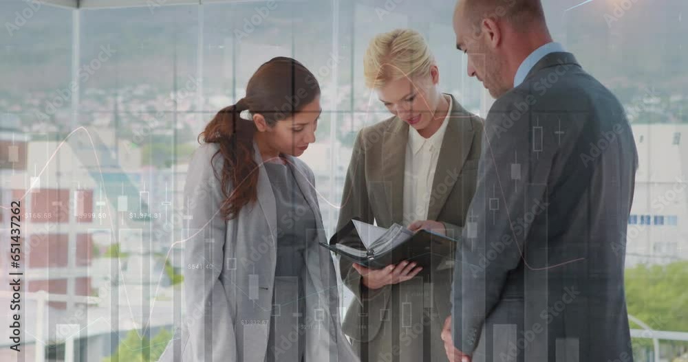 Poster animation of multiple graphs with numbers over caucasian coworkers looking at diary in office